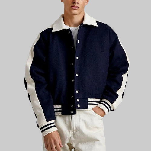 Adam - Men's Striped Trim Button-Up Varsity Jacket 3