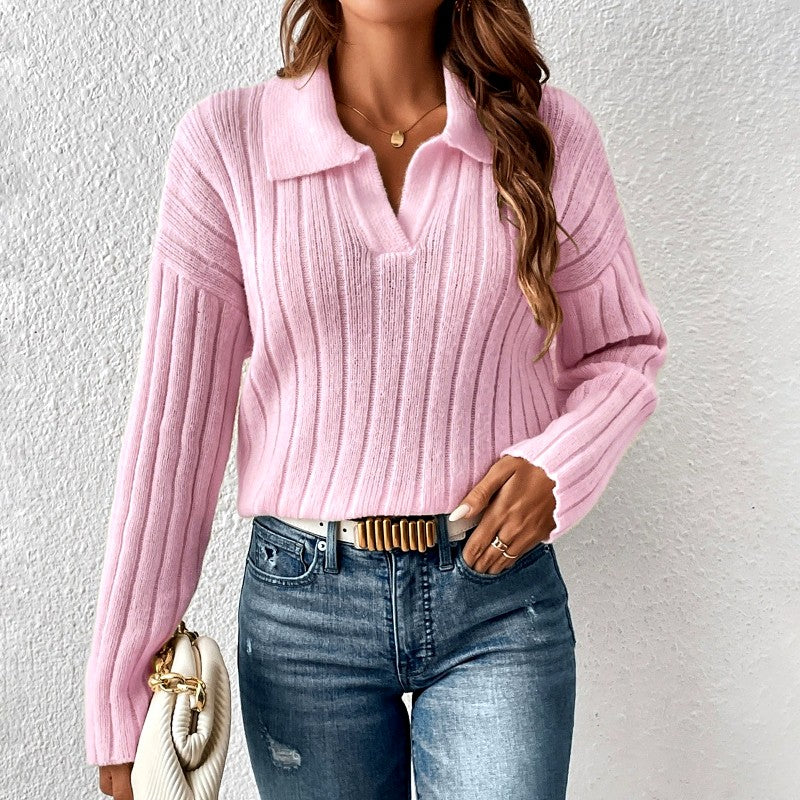 Audra - Women’s Ribbed Long Sleeve Polo Knit Sweater 1