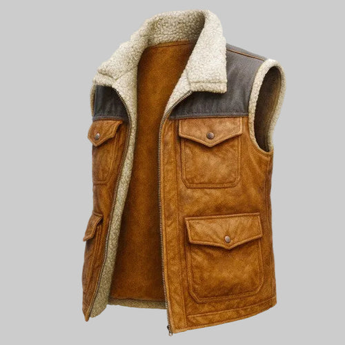 Bruce - Men's Vintage Suede Shearling Utility Vest 6