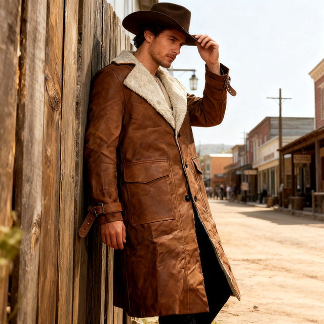 Chandler - Men’s Shearling Collar Long Faux Leather Coat 2