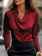 Daphne - Women's Collared Satin Blouse with Cowl Drape 7