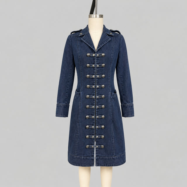 Denise - Women's Denim Military Button Coat 3