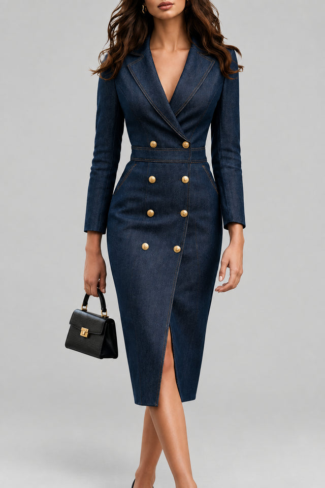 Faye - Women's Notched Collar Denim Dress 1