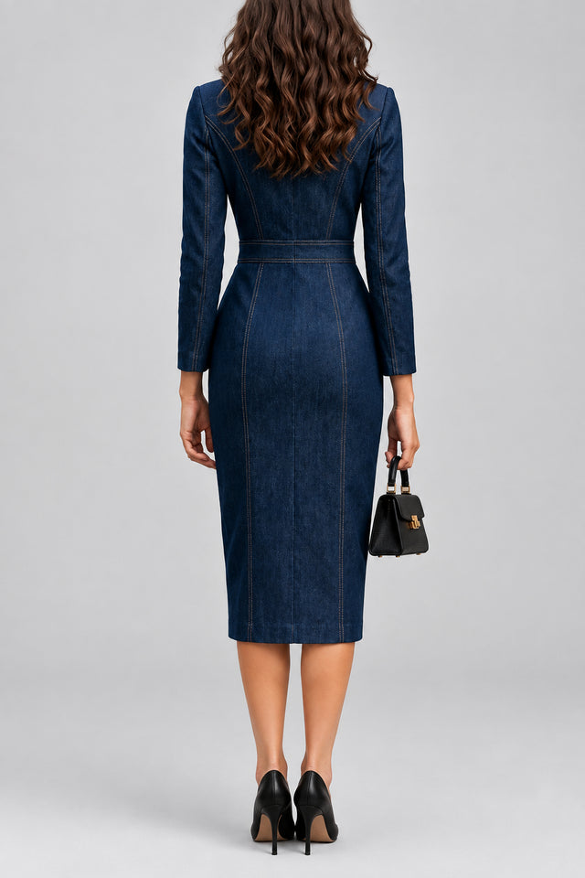 Faye - Women's Notched Collar Denim Dress 6