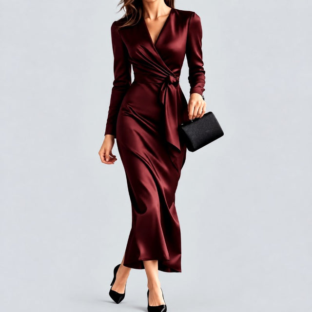 Genevieve - Women's Satin Wrap Long Sleeve Evening Dress 2