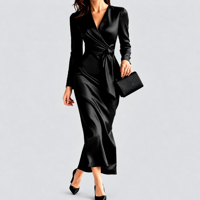 Genevieve - Women's Satin Wrap Long Sleeve Evening Dress 1