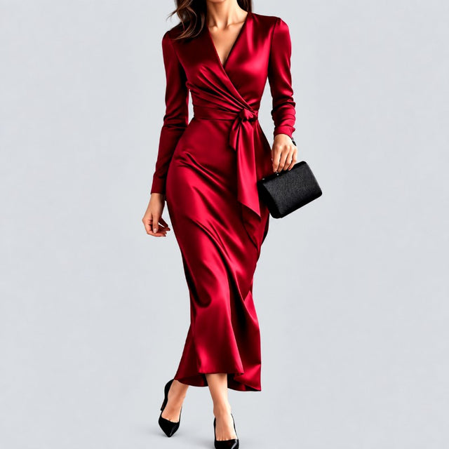 Genevieve - Women's Satin Wrap Long Sleeve Evening Dress 3