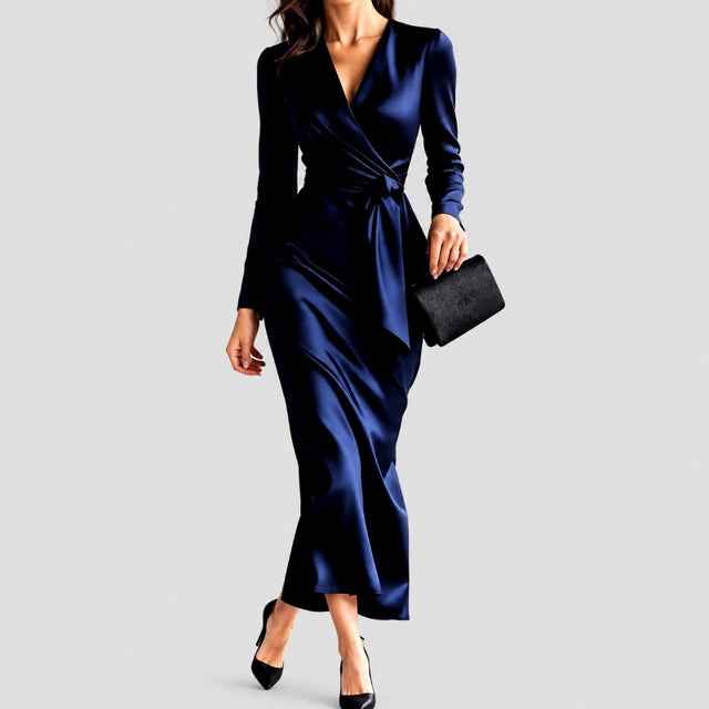 Genevieve - Women's Satin Wrap Long Sleeve Evening Dress 4