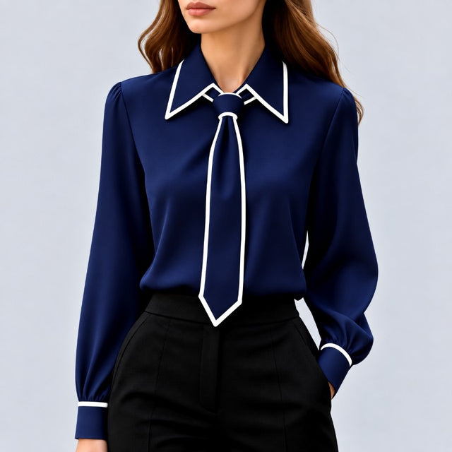 Glenda - Women's Contrast Trim Long Sleeve Blouse 2