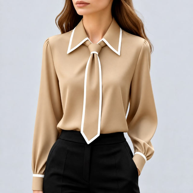 Glenda - Women's Contrast Trim Long Sleeve Blouse 4