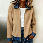 Hilda - Women's Ribbed Knit Zip-Up Cardigan with Denim Trim 2