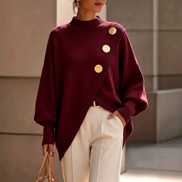 Ida - Women's Asymmetrical Mock Neck Button Knit Sweater 4