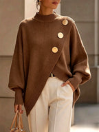 Ida - Women's Asymmetrical Mock Neck Button Knit Sweater 5