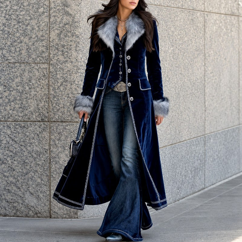 Kathi - Women's Velvet Faux Fur Collar Ankle-Length Coat 1