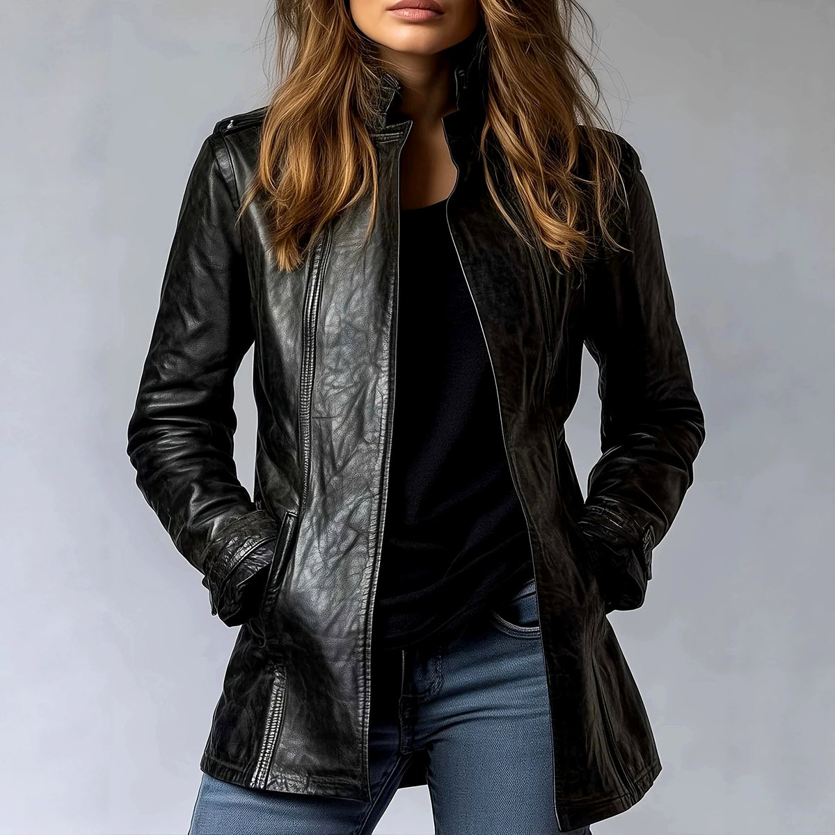 Mirabelle - Women’s Leather Fitted High Collar Jacket 1