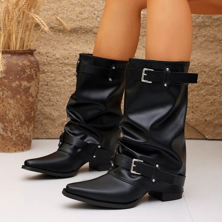 Monica - Women's Strappy Low-Heel Mid-Calf Boots 4