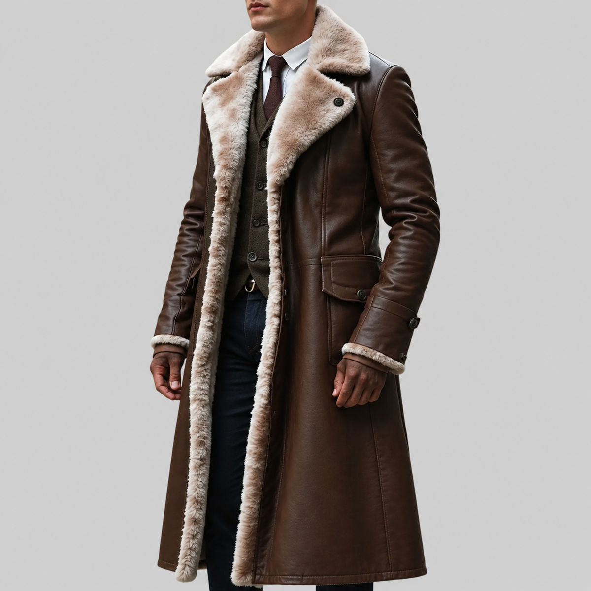 Nash - Men's Notched Lapel Coat with Fur Trim 10